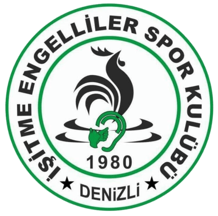 DİESK 1980 amblemi: yeşil daire içinde Denizli horozu, işitme engelliliği yansıtan imge ve 1980 yazısı