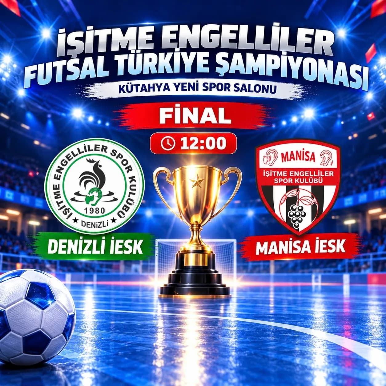 Final afişi: İşitme Engelliler Futsal Türkiye Şampiyonası finali, Denizli İESK – Manisa İESK, saat 12.00, Kütahya Yeni Spor Salonu.