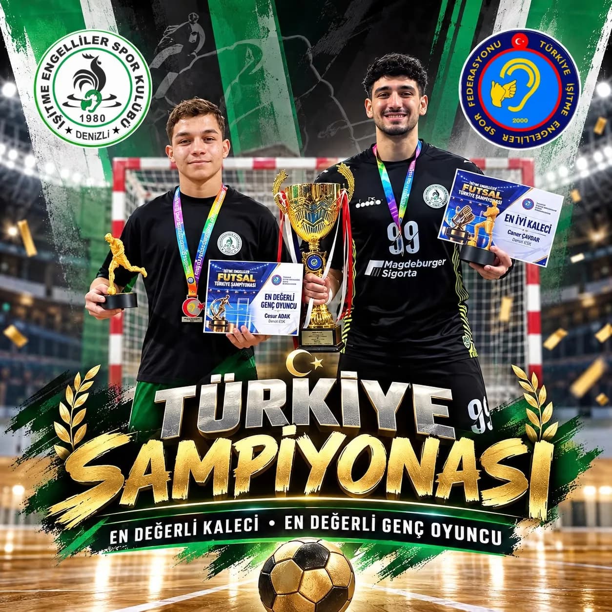 Ödüllerini tutan iki sporcu ve ortada kupa: Cesur Adak (En Değerli Genç Oyuncu) ve Caner Çavdar (En İyi Kaleci).